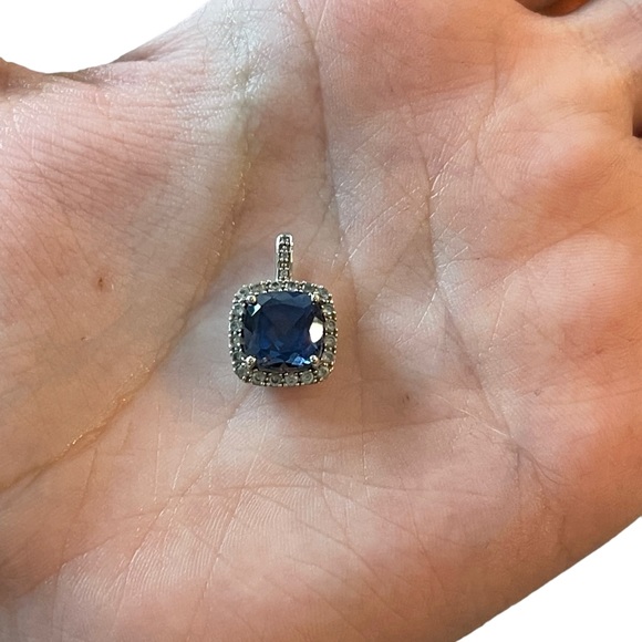 Zales Jewelry - Cushion-Cut Lab Ceylon & White Sapphire Pendant in 10K
WGold w/ Diamond Accents